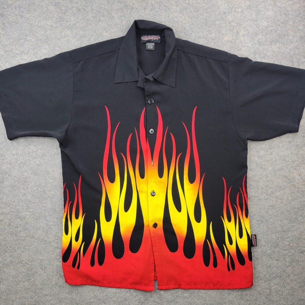 Sapphire Lounge Shirt Mens Medium Black Flame Graphic Button Front Rock Hot Rod*